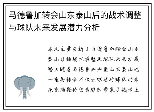 马德鲁加转会山东泰山后的战术调整与球队未来发展潜力分析